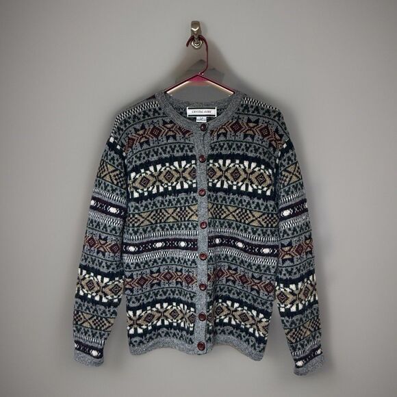 Crystal Kobe Sweaters - Vintage Crystal Kobe 100% Wool Shetland Cardigan Women's M Button Up Cottage
